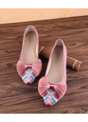 Retro Pink Embroideried Tassel Cotton Fabric Flat Shoes For Women