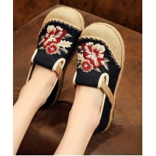 Soft Splicing Flats Black Cotton Linen Fabric Embroideried Flats Shoes